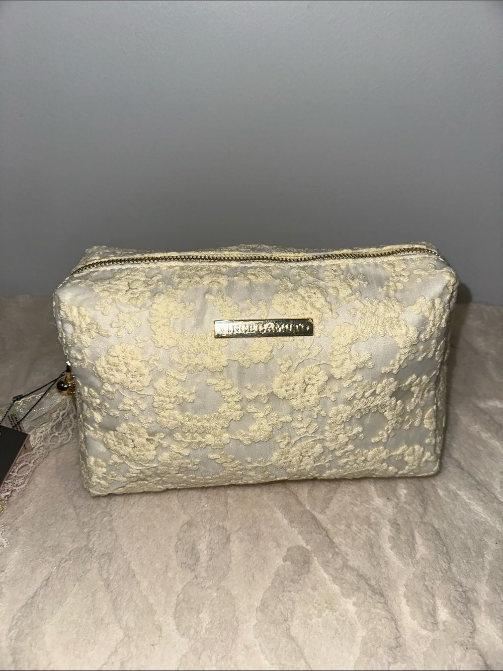 VC White Pastel Yellow Embroidered Floral Sheer Ribbon Gold Makeup Cosmetic Bag
